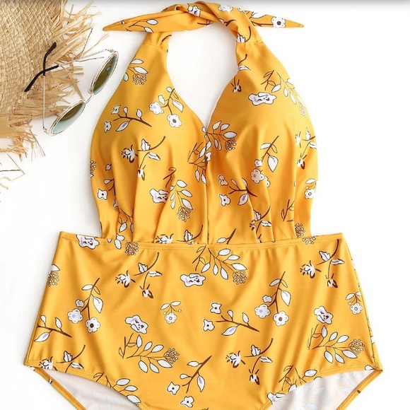 Zaful Other - Mustard Yellow Floral Halter Plus Size Swimsuit